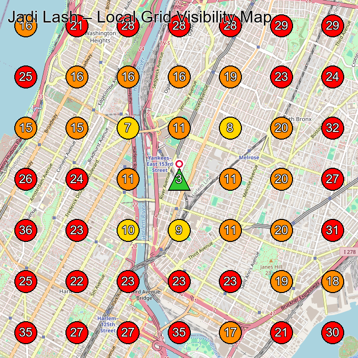 Jadi Lash GeoGrid visibility map for Eyelash Salon in Bronx